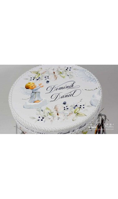 Trusou botez cu ingeri si flori de bumbac personalizat pentru baieti Ingerul Albastru 10